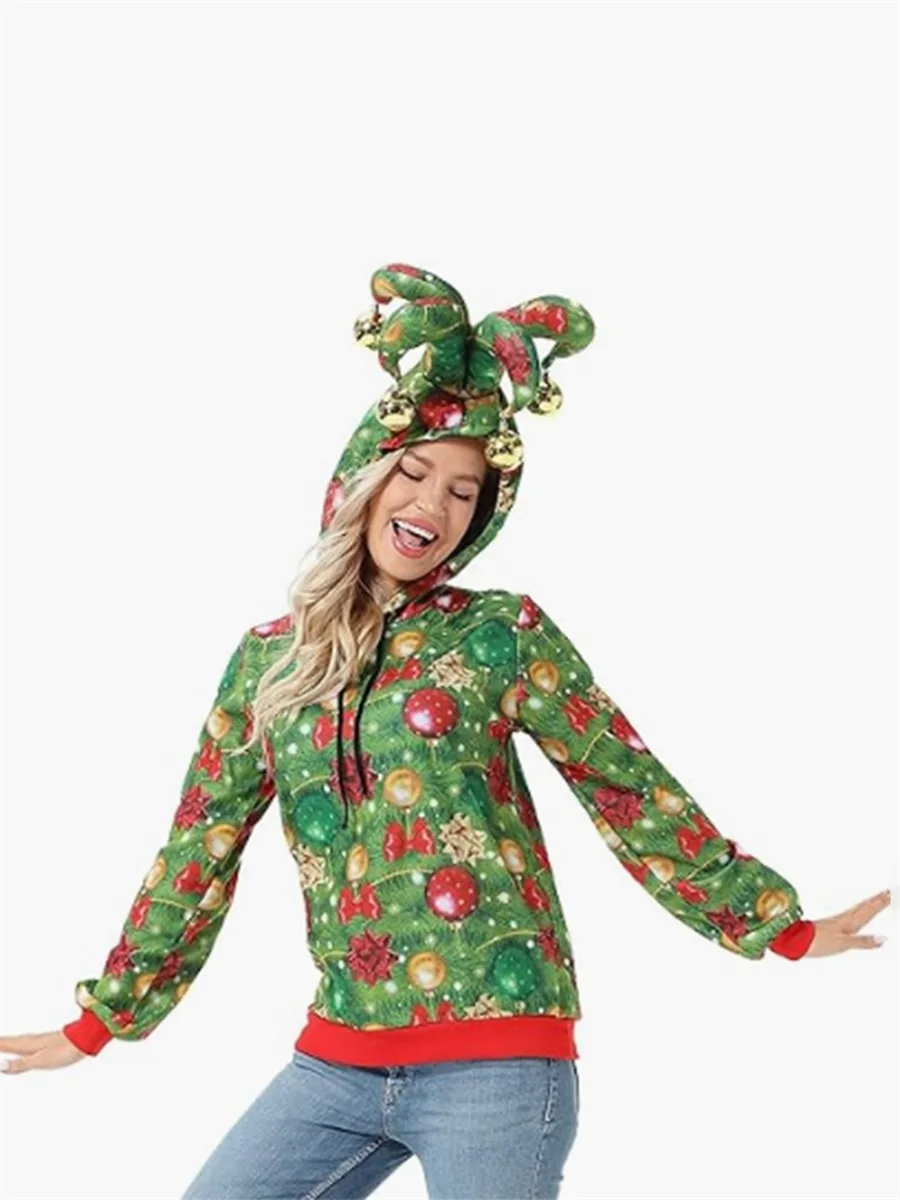 Women Men Christmas Hoodie Long Sleeve Bow Light Print Hooded Sweatshirt Cosplay Costume