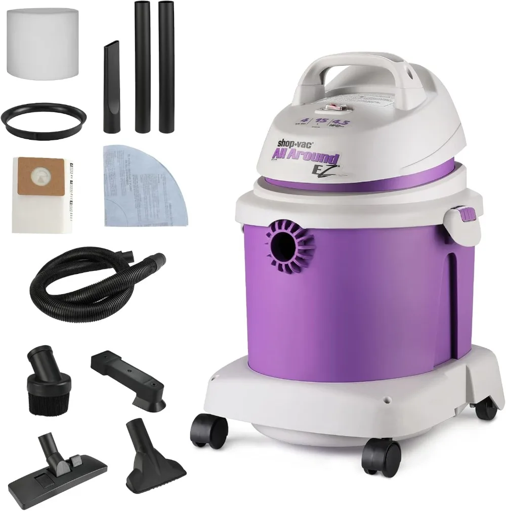 4 Gallon 4.5 Peak HP All Around EZ Series Wet/Dry Vacuum, 3 in 1 Function with Wall Bracket & Attachments for Home, Apartment