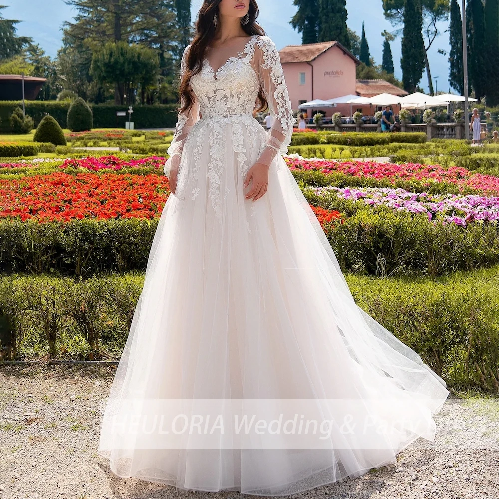 Elegante vestido De novia De manga larga con cuello en V, apliques De encaje, vestido De novia