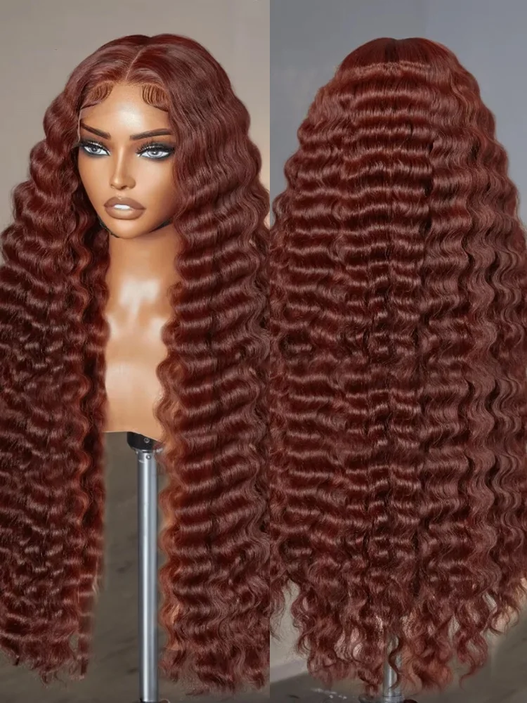 Wear And Go Reddish Brown Water Wave 13x4 Full Lace Front Human Hair Wig Glueless Curly Wigs 180% Density 28inch for Women