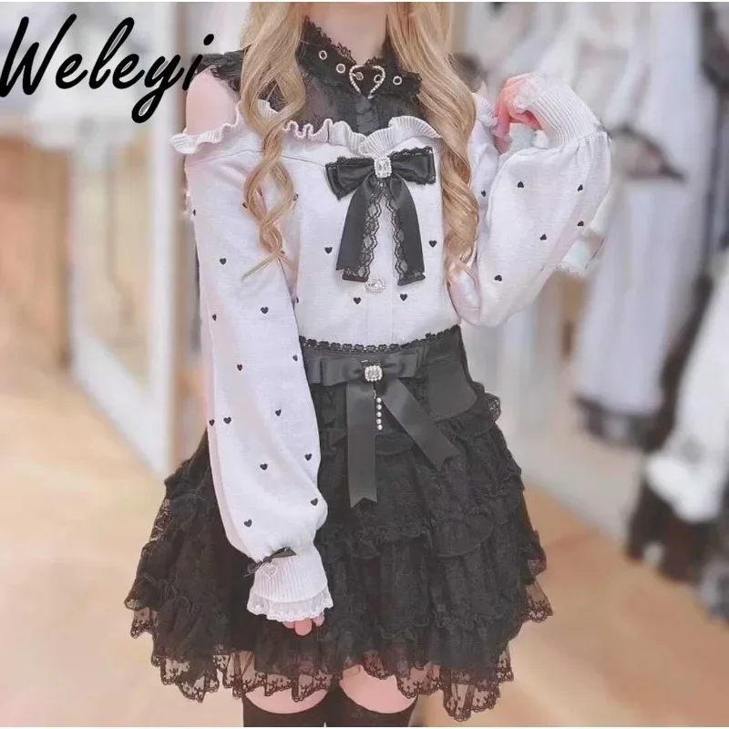 Jirai Kei Cute Lolita Skirt Womans 2024 Summer Clothing New Versatile Sweet Girl Bow Mesh Lace Tiered Ruffle A Line Cake Skirts