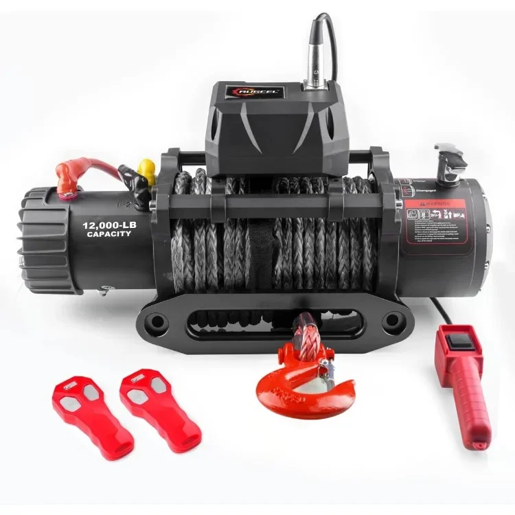 home.12000lb Waterproof Electric Black Synthetic Rope Winch with Hawse Fairlead, Wired Handle