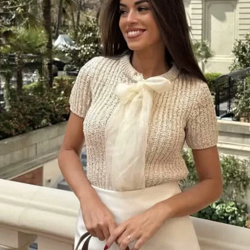 

2025 Spring New Summer New Style Women's Fashion Casual Short Sleeve Bow Trimmed Knitted Top for Women