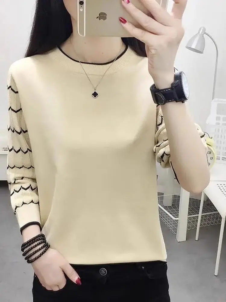 

Loose Long Sve round Ne Ice Silk Knitted Top Hollow out Design Spring Autumn Korean Sle Versatile Base irt Women