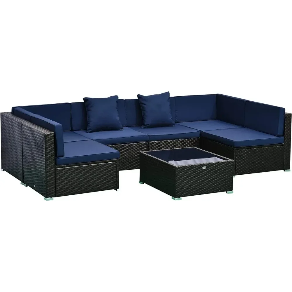 # l 7-teiliges Gartenmöbel-Set, Dialoogu-Set aus Korbgeflecht, Allwetter-Rattan-Kombinationsset, mit Kissen und Tisch aus gehärtetem Glas