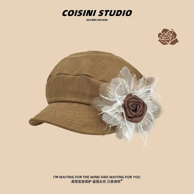 

Japanese niche suede three-dimensional flower design large version newsboy cap women autumn versatile sunshade soft top berets