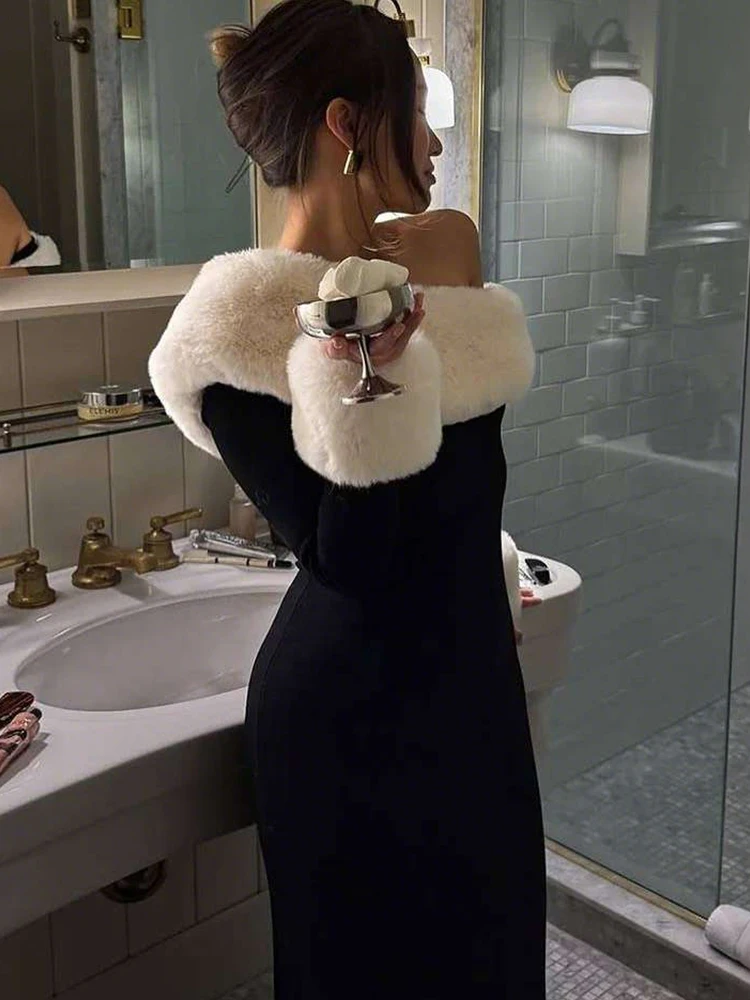 فستان عيد الميلاد أنيق من Sisterlinda مزين بقطع القماش من الفرو للنساء للشتاء بياقة قطرية وحاشية مقسمة وأكمام طويلة للحفلات والنوادي #3