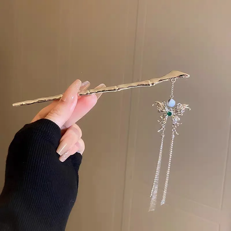 

New Chinese Tassel Bamboo Butterfly Hairpin Advanced Chinese Style Metal Hairpin Hairpin Stepping Antique Hanfu Headdress