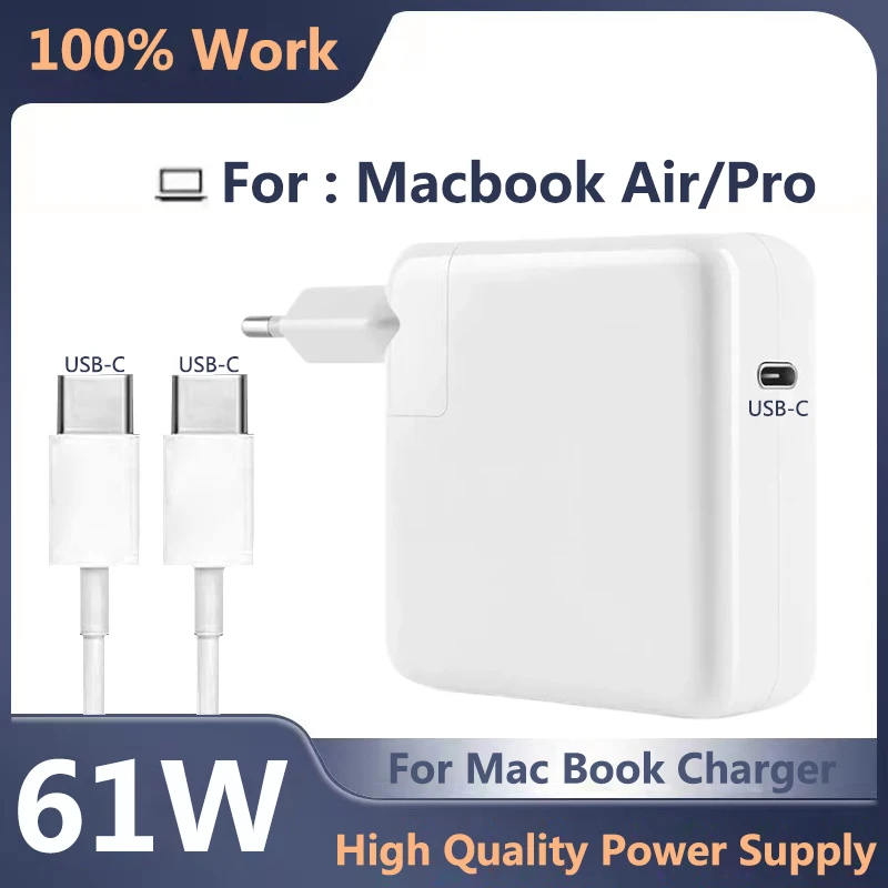 Для MacBook Pro Зарядное устройство USB C 61 Вт для MacBook Air совместимый с iPad Pro 12,9/11 дюймов HP Lenovo, 2 м USB C к C зарядный кабель