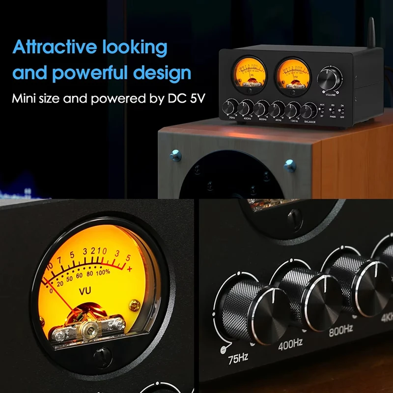 D5 4-Way Audio Switcher Splitter HiFi 5-Band Stereo EQ Preamp Equalizer with VU Meter EU Plug