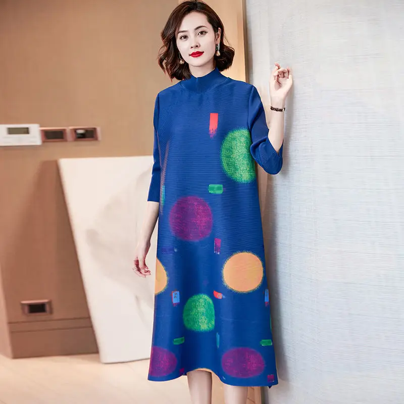 Colorful round fashionable dot print half high collar 3/4 sleeve pleated dress split hem medium length A-line skirt