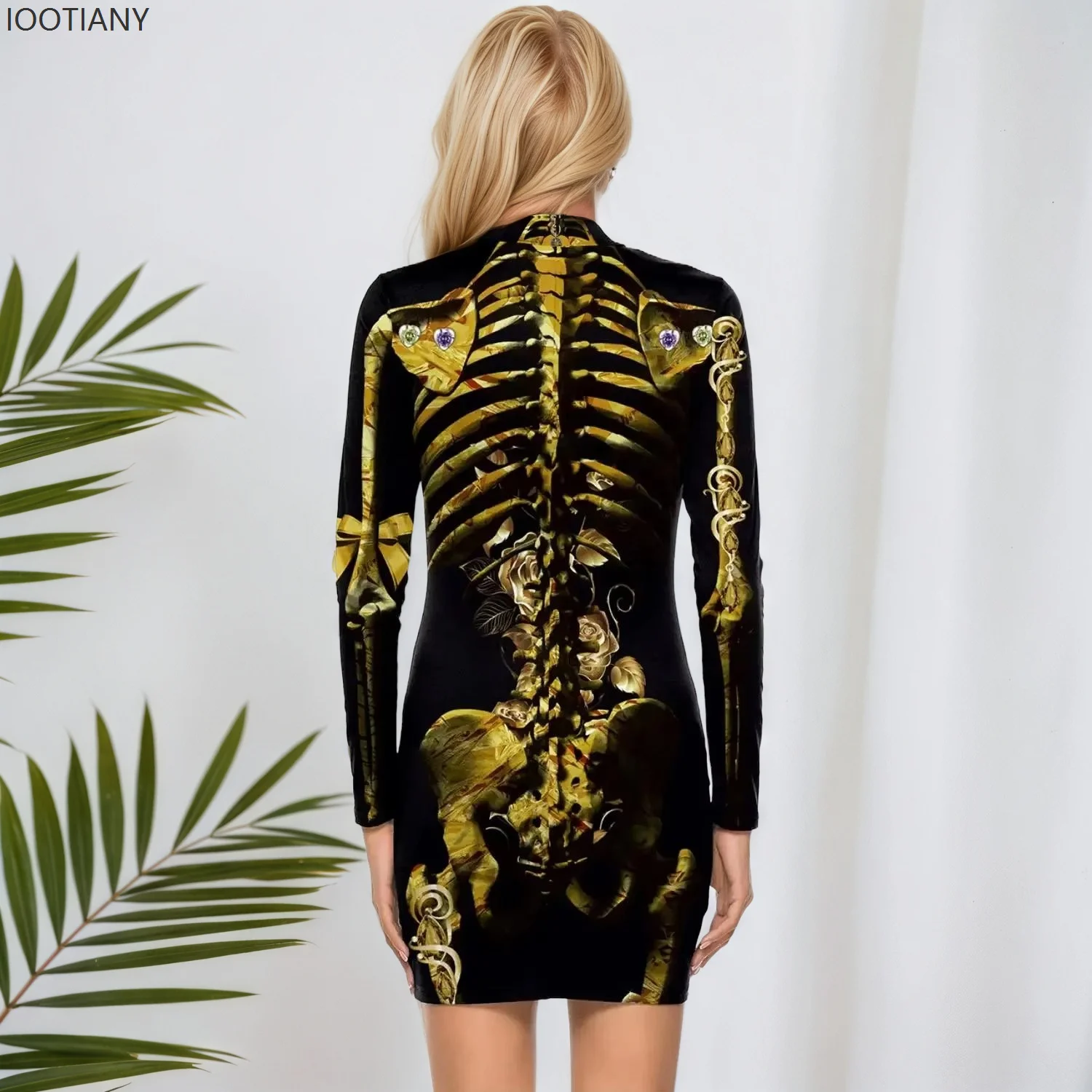 Women Halloween Skeleton Gold Rose Long Sleeve Dress Sexy Holiday Party Stage Bodycon Funny Role Playing Performance Costume - view 4