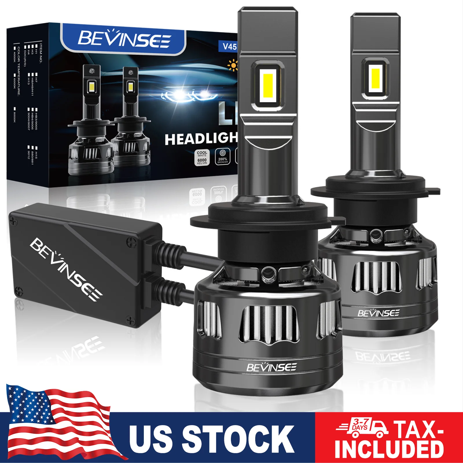 

BEVINSEE V45 H7 H4 H1 HIR2 Светодиодные фары H11 9005 HB3 9006 HB4 Светодиодные противотуманные фары Turbo CANBUS без ошибок Высокая мощность Ультра яркие 12 В