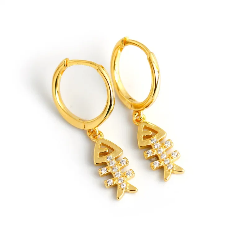 Silver Color Inlaid Zircon Fishbone Earrings for Women Personality Small Ear Buckle Korean Fashion 18K Gold Plated Jewelry image 5