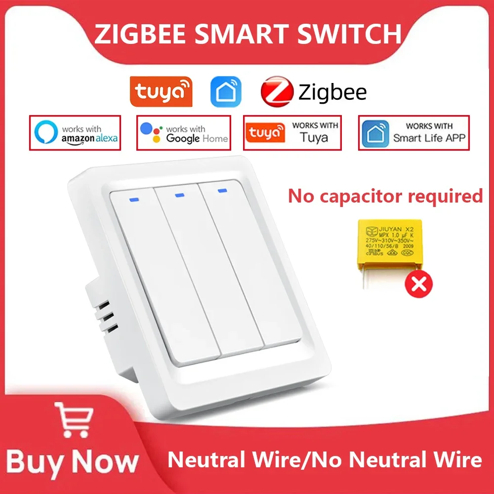 

Умный выключатель света Tuya ZigBee Switch EU Без нейтрального провода Конденсатор не требуется Smart Life 1/2/3 Gang Работа с Alexa Google Home