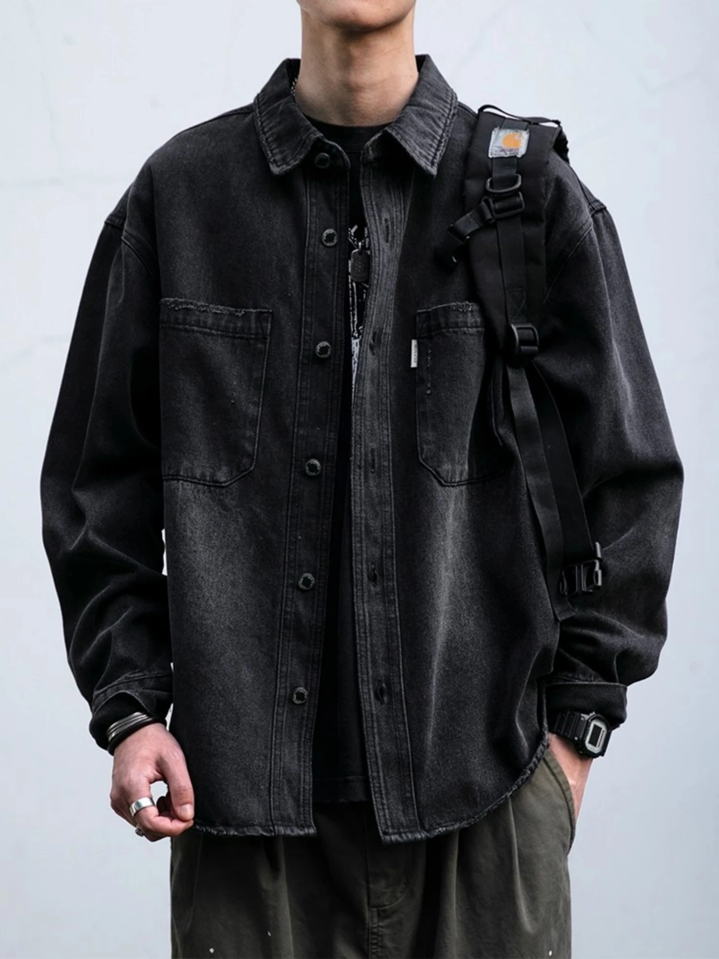 

Мужская джинсовая одежда в стиле ретро Heavy Du Waed Distred, весенне-осенняя свободная рабочая одежда, модный топ из хлопка и льна, полиэстер...