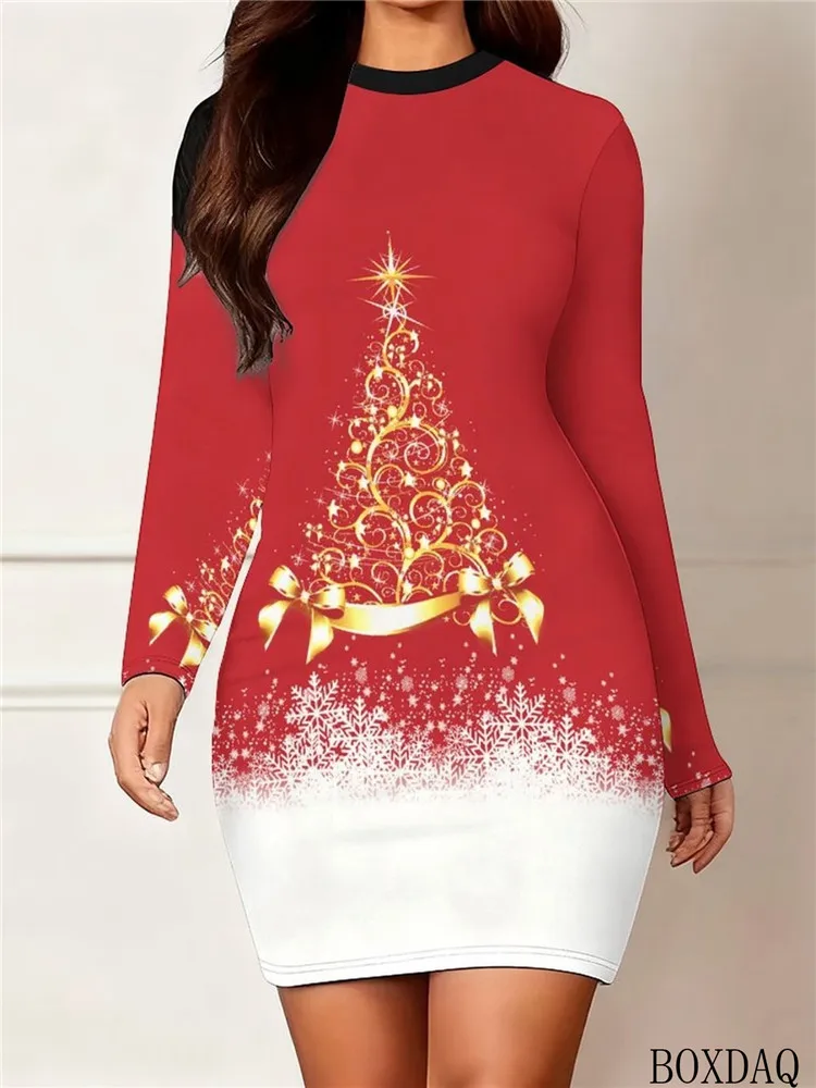 2027 New Women's Christmas Bodycon Dresses Long Sleeve O-Neck Christmas Tree Snowflake Print casual Slim Dress Autumn/Winter