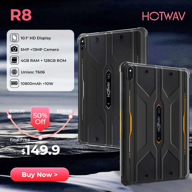 New HOTWAV R8 Rugged Tablets Android 14 10.1'' HD+10800mAh IPad 5MP+13MP Camera 12(4+8)GB+128GB Charging OTG Reverse Tablet PC