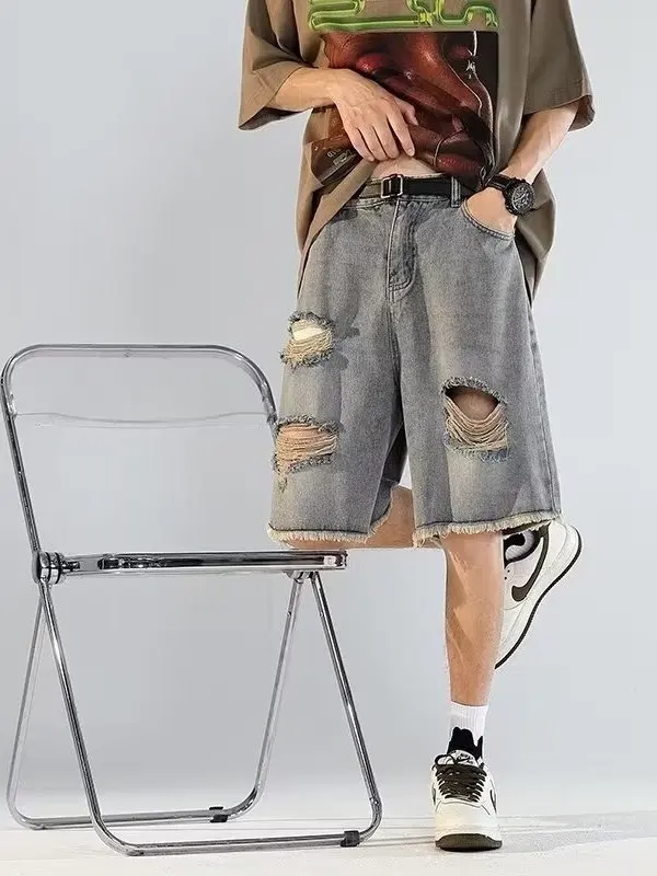 

Men's Summer Thin Denim orts Tear Hole Frayed Design Sensation High Street Trend Brand Tagkita Five-Point Pants