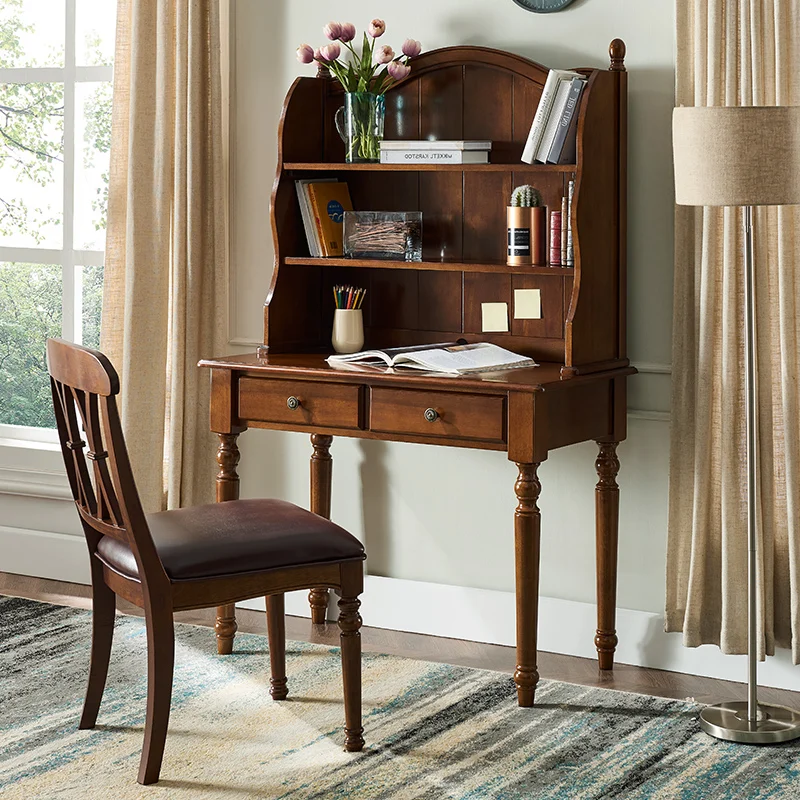 

American solid wood desk bookshelf combination modern bedroom computer table European bookcase light luxury writing table househ