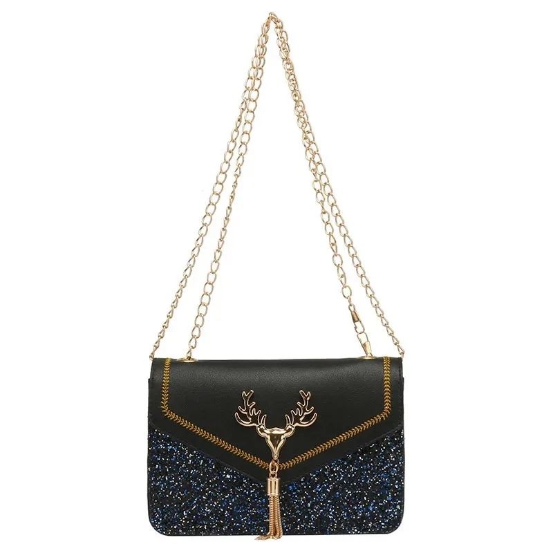 Women Fashion Shoulder Bag Deer Head Pendant Decoration Crossbody Bag Leather Button Underarm Luxury Chain Lady Small Square Bag