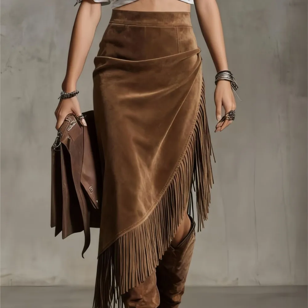 

Retro New Skirt Elegant Fashionable Solid Color Loose Spring Summer Western Street Style Tassel Hem Irregular Tassel Suede Skirt