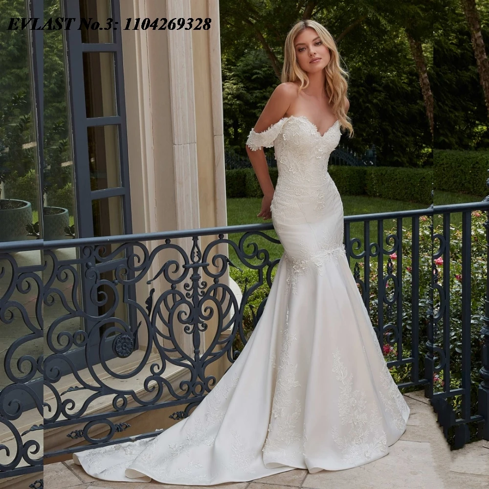 

EVLAST Customized Sexy Elegant Mermaid Wedding Dress Lace Applique Off Shoulder Applique Bridal Gown Vestidos De Novia E3W56