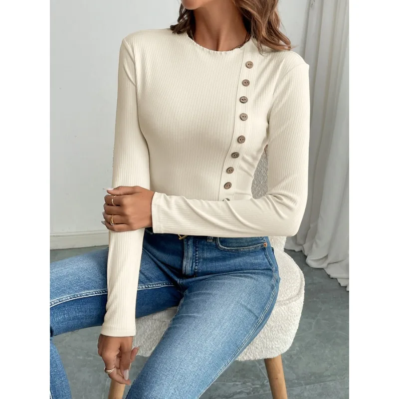 Women's White Ribbed Bodysuit Long Sleeve Crew Neck Side Button Slim Fit Casual Daily Top