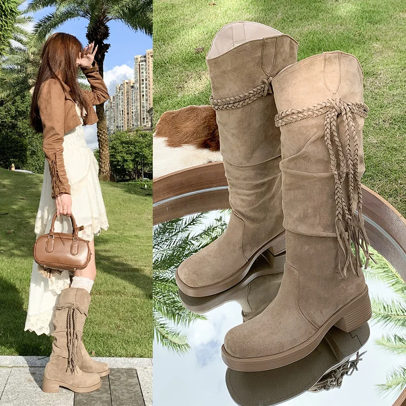 

Genuine Leather Retro Wasteland Style Tassel Knight Boots Thick Heel Over-the-Knee Long Women Slimming Pleated Mid-Calf Boots