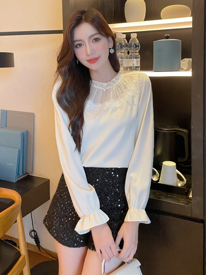 

MiiiiX Office Lady Casual Style Chic Lace Spliced Shirt Women's 2024 Autumn Loose Stand-up Collar Design Flare Sleeve Blouse