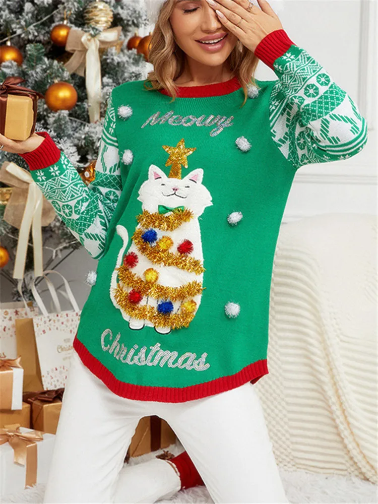 Ugly Christmas Sweater Couple in Family with Embroidery Cat Stitch Funny Xams Pullover Ladies Sueter Sweaters Green Knitted 2024