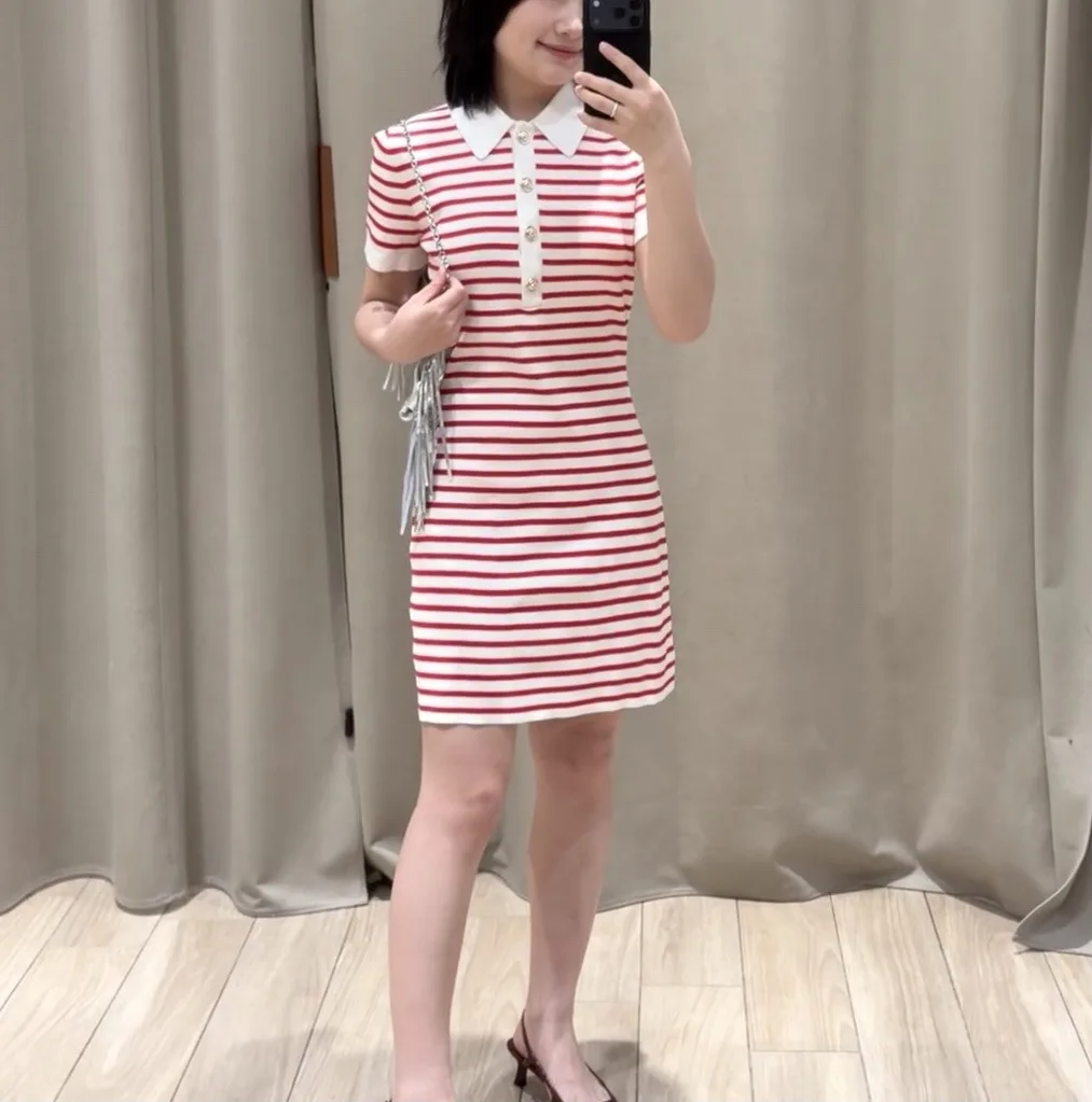 

Ladies' Red Striped Dress Turn-Down Collar Button Decoration Short Sleeve Fashion Mini Robe 2026 Summer