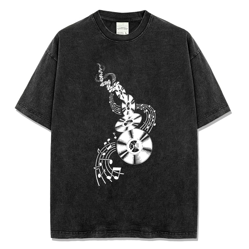 

Summer Men's Casual T-shirt Washed Color Musicians Design Short Sleeve T Shirt Music CD Print Pure Cotton Male Harajuku Y2k Tops