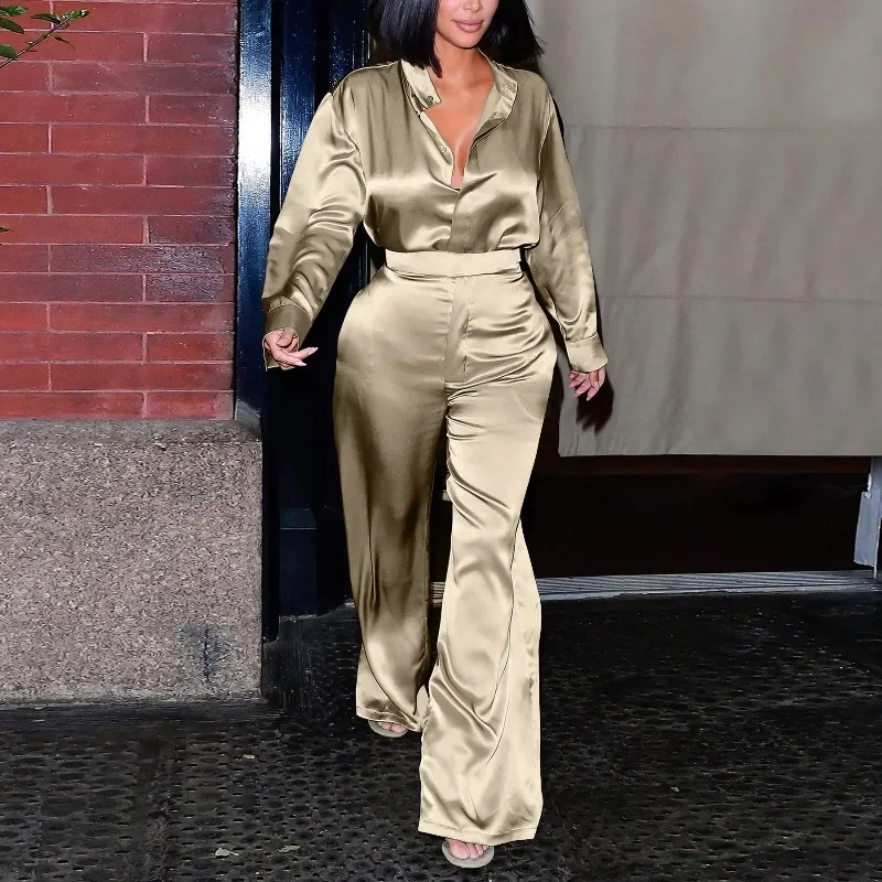 

GUWU модный уличный атласный женский комплект, рубашка с длинными рукавами, топы и широкие брюки, 2025 год, праздничный отдых, два комплекта из 2 предметов, наряды