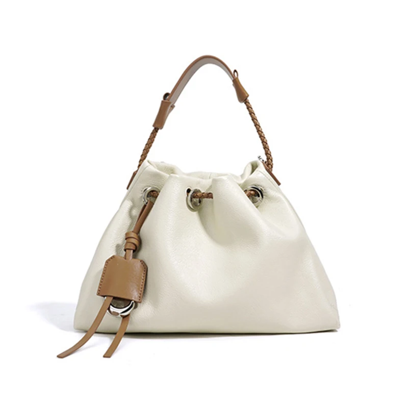 Women's Solid Color Tote Bag, Fashionable Genuine Leather Bucket Bag, High-End Underarm Bag, First-Layer Cowhide Handbag, Simple and Versatile Casual Bag, Single Shoulder Crossbody Bag