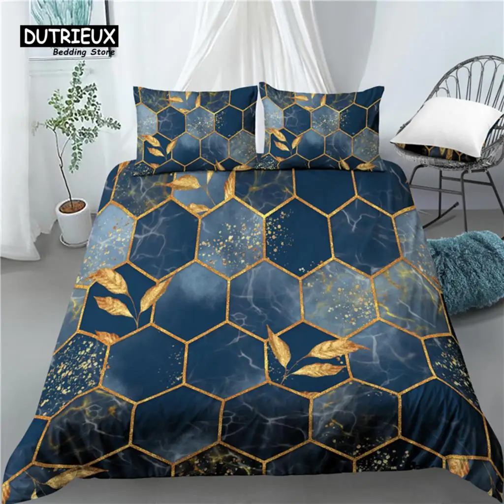 

Luxury 3D Hexagonal Marble Print Home Living 2/3Pcs Comfortable Duvet Cover PillowCase Bedding Set Queen and King EU/US/AU Size