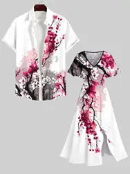 S-3X Plus Size Dopasowany Hawaii Beach Outfit Dla Par Oriental Ink Plum Bossom Flower Printed Shirt Dla Mężczyzn Sukienka w tym samym stylu