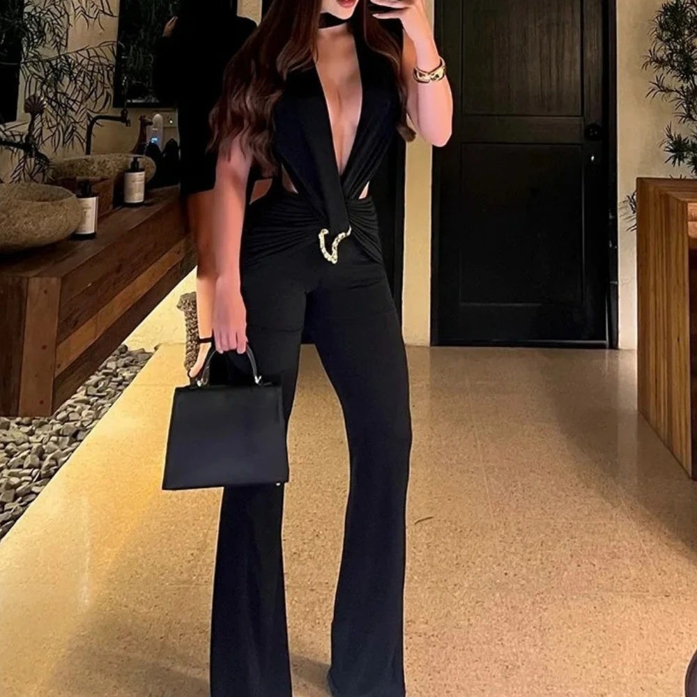 Women Sexy Metal Buckle Ruched Slim Fit Flare Pants Deep V Neck Sleeveless Backless Scarf Ribbon Boot Cut Skinny Club Overalls