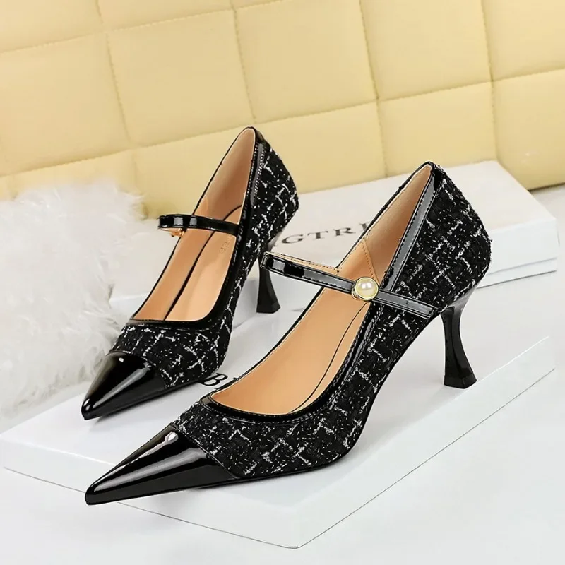 BIGTREE Spring and Autumn Women Pumps Pointed Toe Metal Decoration Costume Tweed 7CM Thin Heels Buckle Strap Dress Woman Shoes