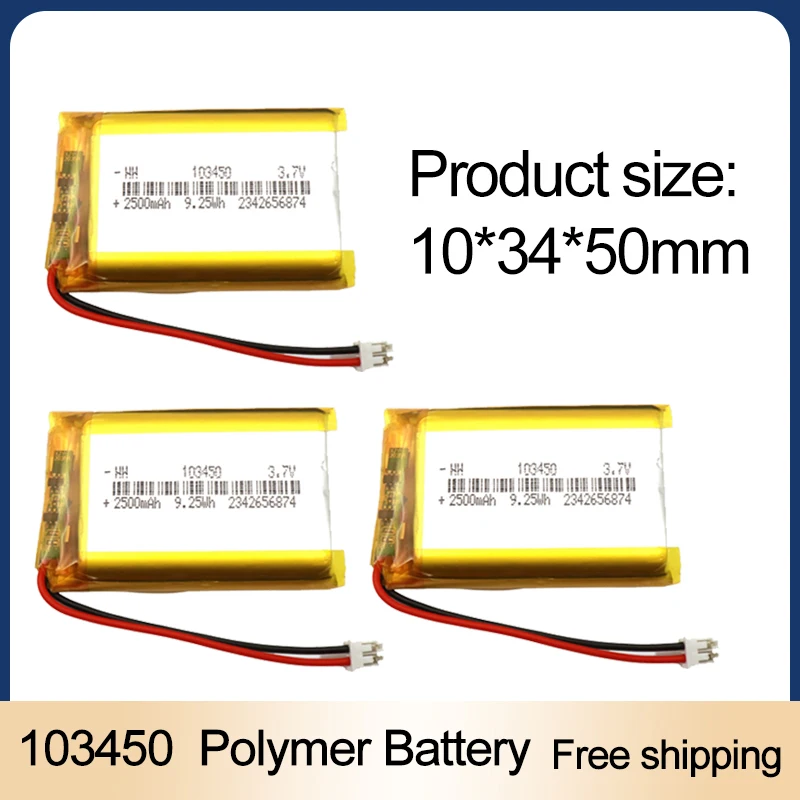 3.7V 103450 Polymer Lithium Battery ,2500 mAh Rechargeable 103450 Polymer Battery for MP5,Toys,Cameras, GPS, Bluetooth, Speakers