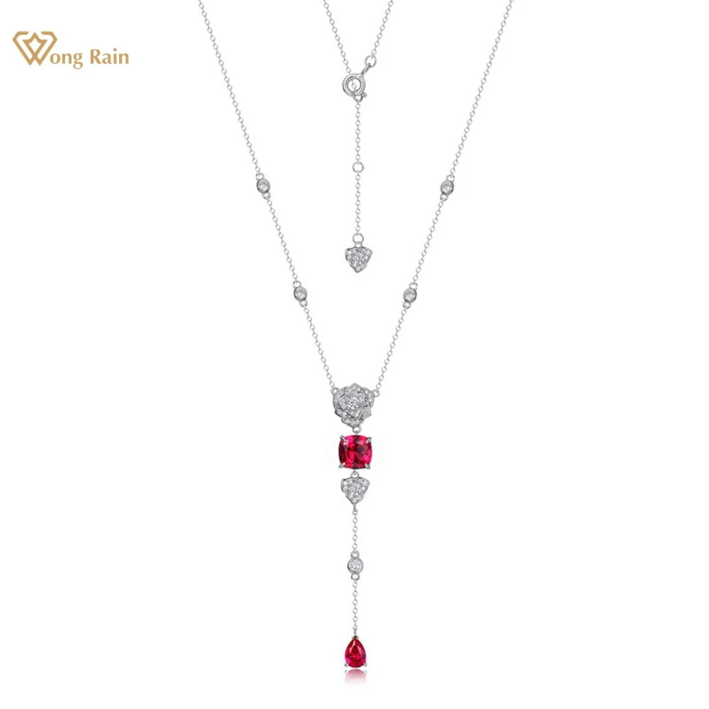 

Wong Rain 925 Sterling Silver 8*8 MM Ruby High Carbon Diamond Gemstone Flower Tassel Pendant Necklace Jewelry Anniversary Gifts