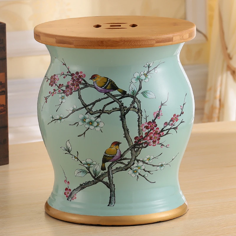

Vintage Floral Bird Bamboo Ceramic Drum Stool Handmade Ottoman Storage Stool Makeup Bench Shoe Stool Home Decor