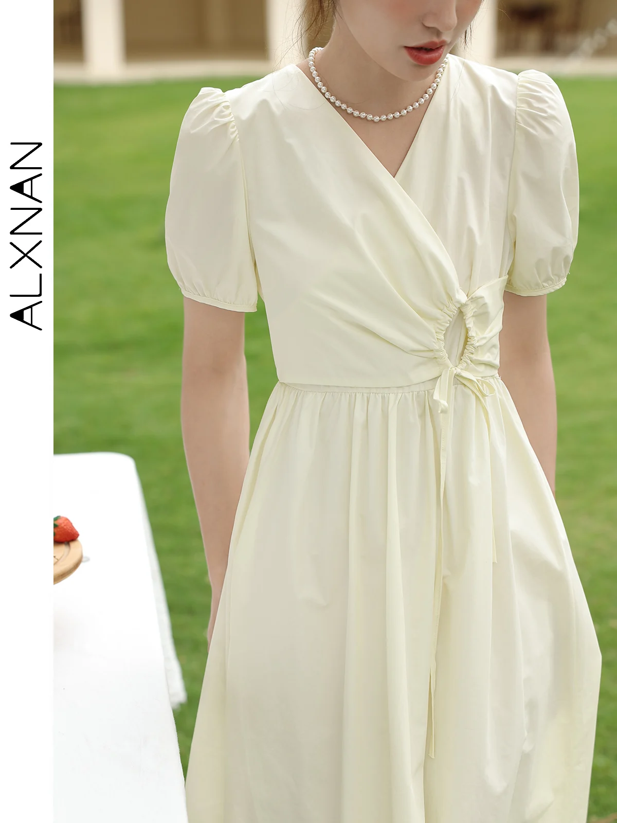 ALXNAN Puff Short Sleeve V Neck Dress Women Summer New 2024 Pleated High Waisted Elegant Fashion Sweet Solid Dresses LXN25963