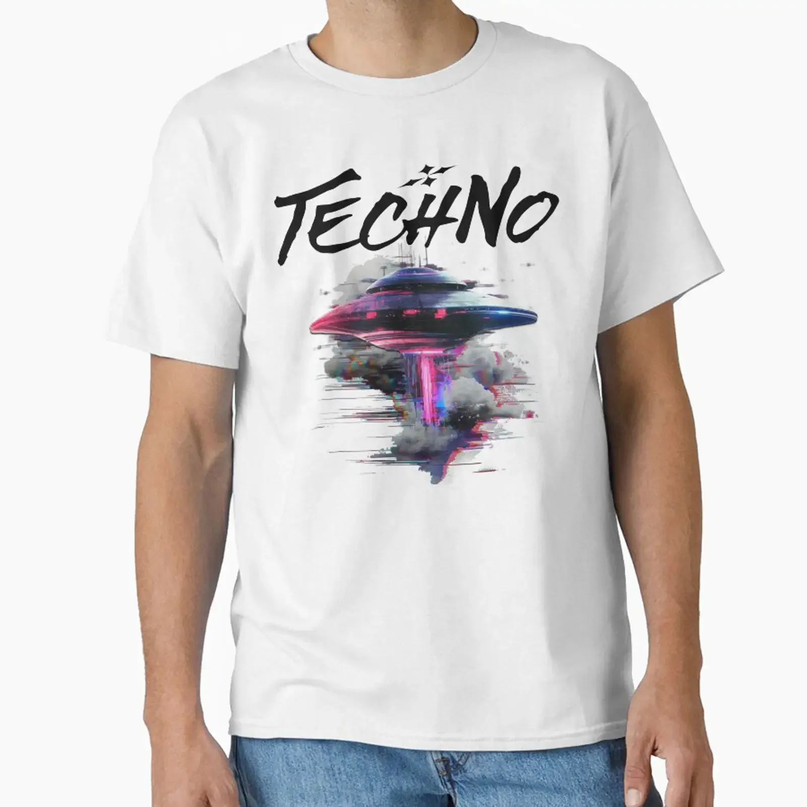 TECHNO Ufo Glitch Black Classic T Shirt vintage Washed Versatile Top For Everyday Wear designer clothes Casual Unisex fashion