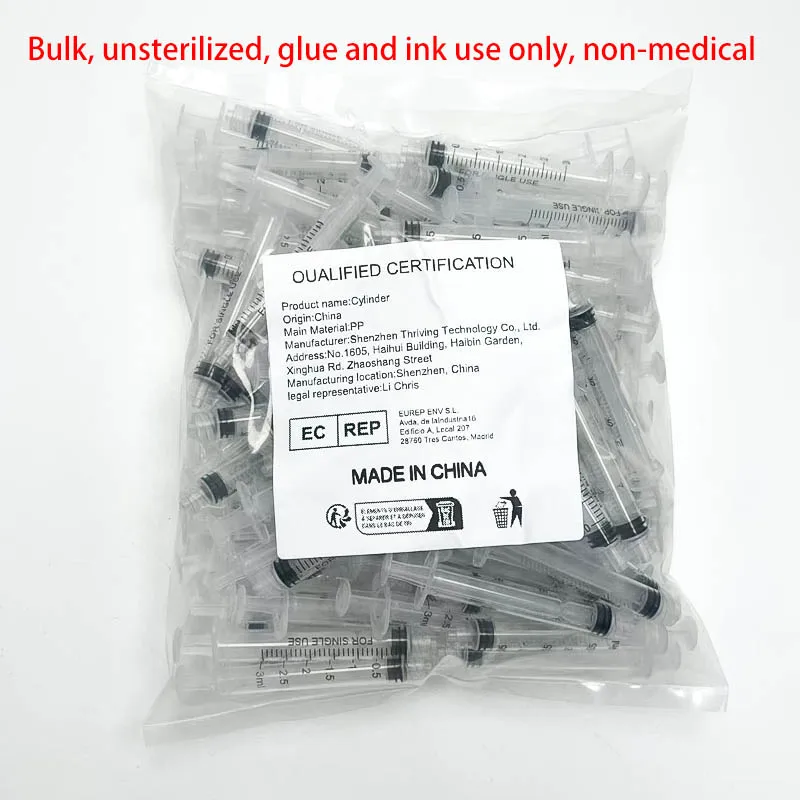 3ml/cc Wholesale Bulk, Non-sterilized, Industrial, Plastic Liquid Syringes with No Needle for Glue Dispensing, 100pcs