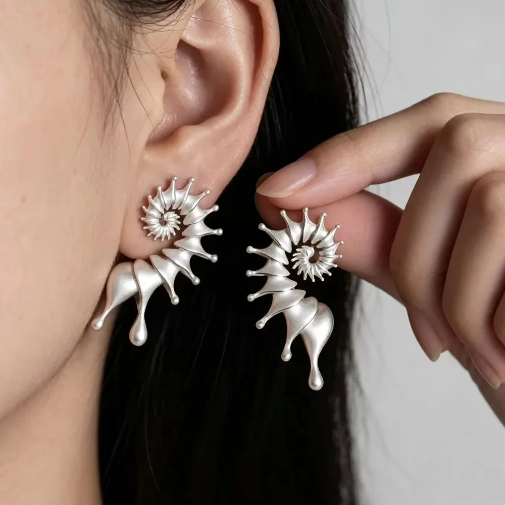 Ancient Silver Gothic Stereo Conch Stud Earrings Punk Halloween Personality Ear Jewelry for Men Women Vacation Party Gift