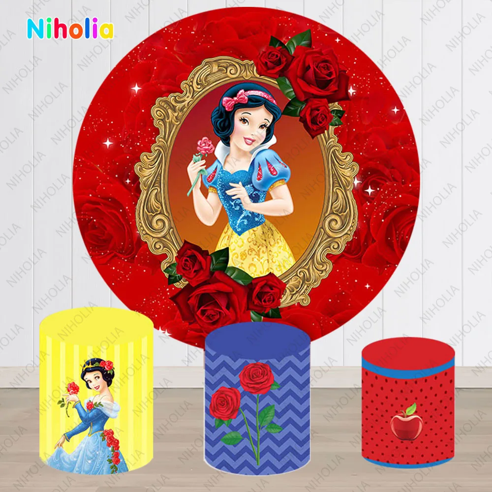 Disney Snow White Princess Backdrops Girl Birthday Party Decoration Round Cover Photozone Background Wedding  Pedestal Cylinder