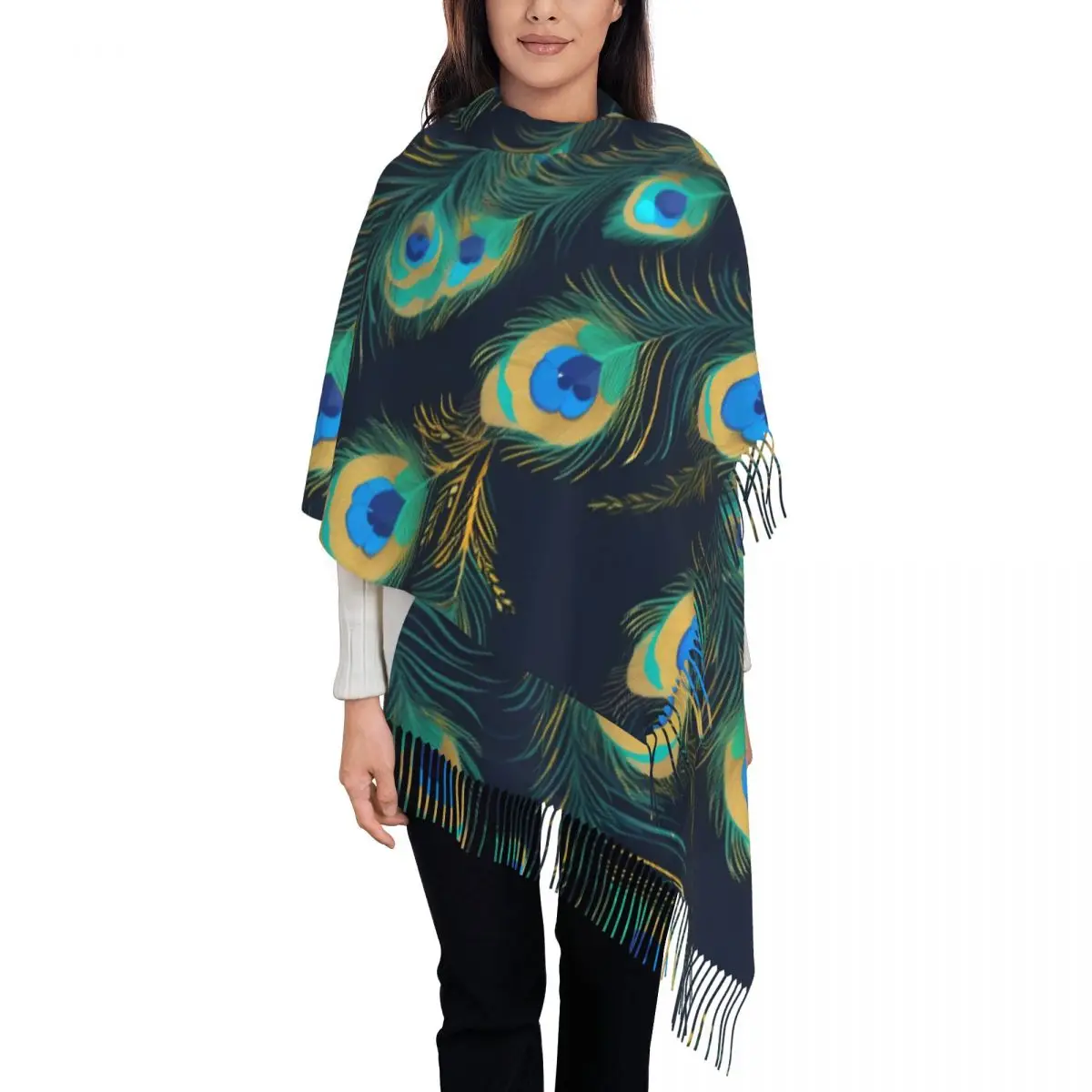 Blue Eyed Peacock Feathers Scarf Wrap Women Long Winter Warm Tassel Shawl Unisex Scarves