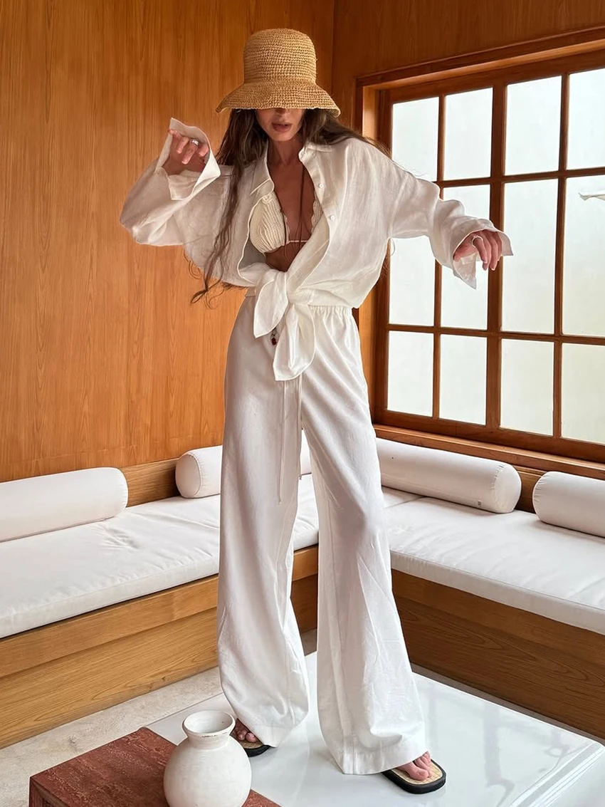 Marthaqiqi Cotton Female Sleepwear Suit Turn-Down Collar Pajamas Long Sleeve Nightgown Wide Leg Pants Causal Women Nightwear Set