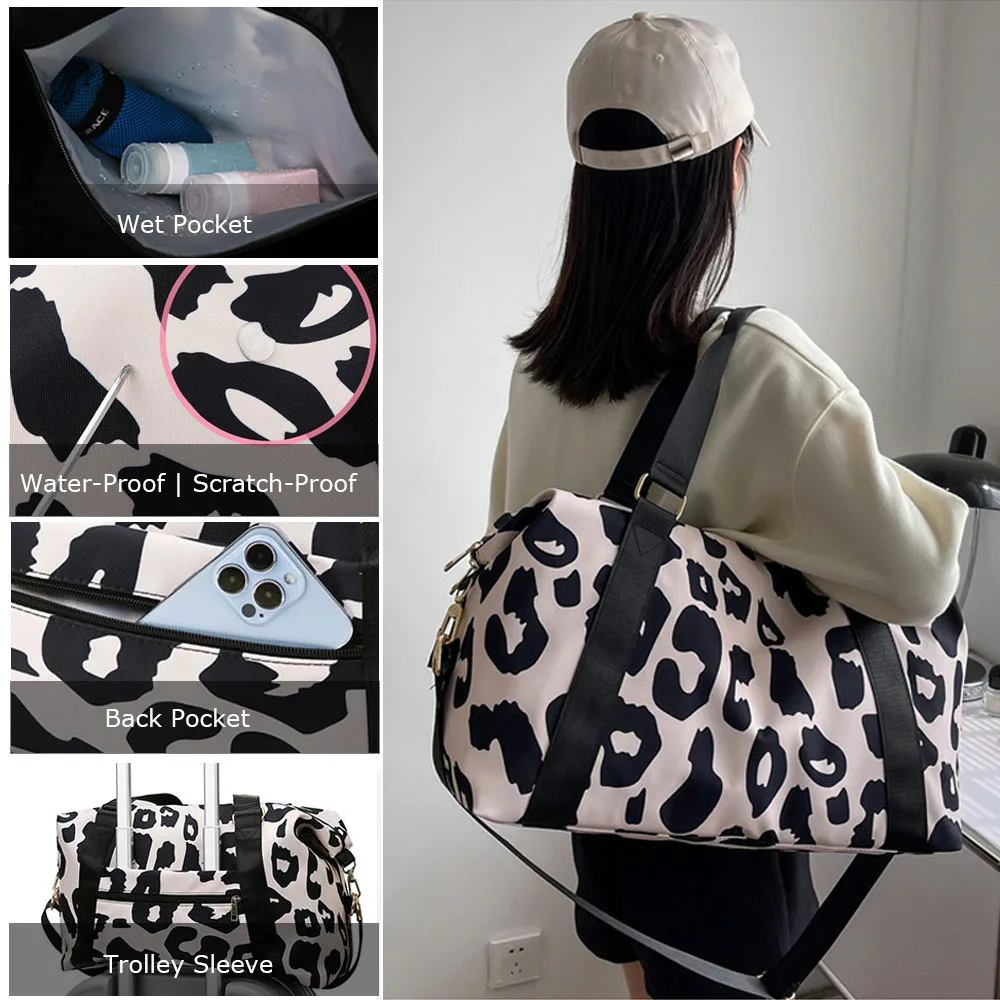 Leopard Print Nylon Duffle Bags para mulheres, bolso molhado, Travel Bag, ginásio, frete grátis